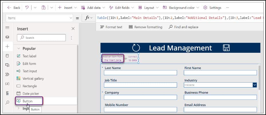 Add Button in Power Apps Gallery Control Tabbed forms in power apps