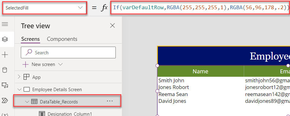 Data Table Default Select Row in Power Apps Data Table Default Select Row in Power Apps