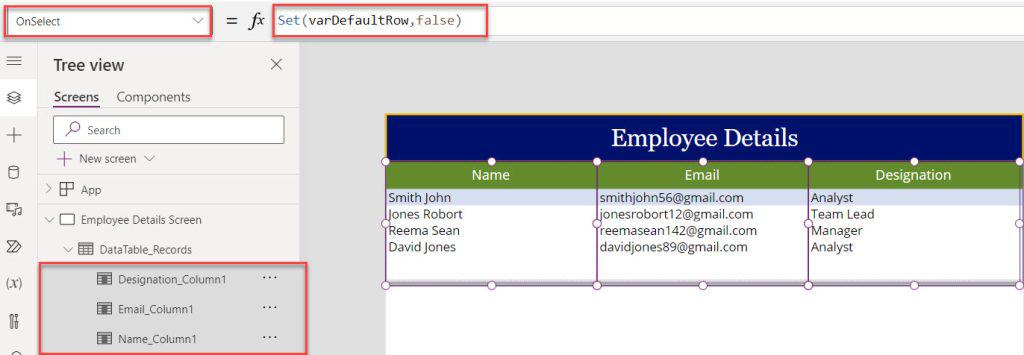 Data Table Default Select Row in PowerApps Data Table Default Select Row in PowerApps