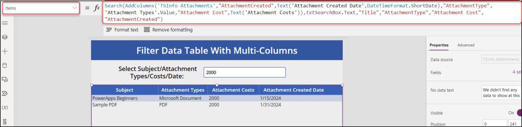Filter Power Apps Data table with SharePoint Columns Filter Power Apps Data table with SharePoint Columns