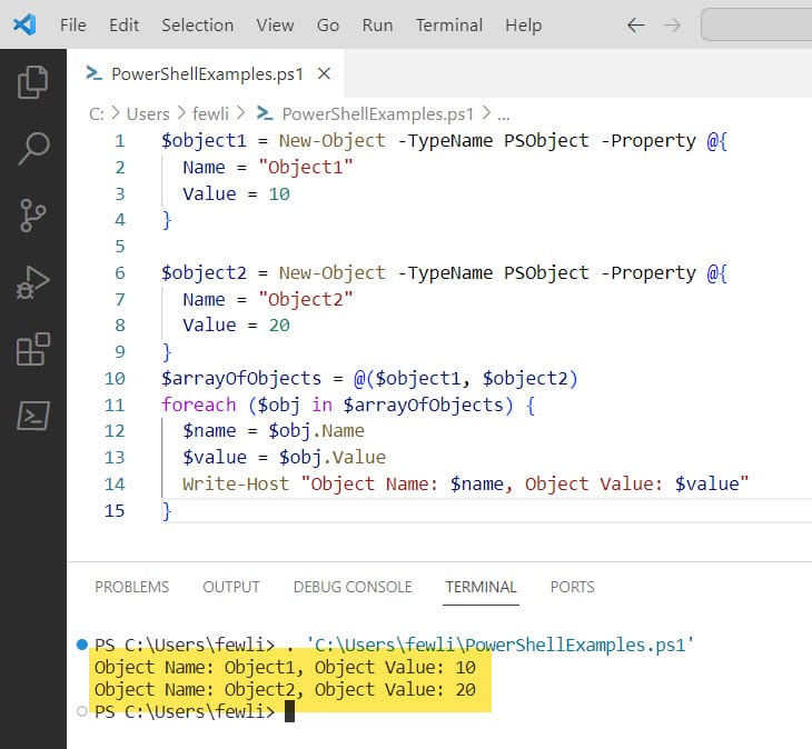 how to access array of objects in powershell
