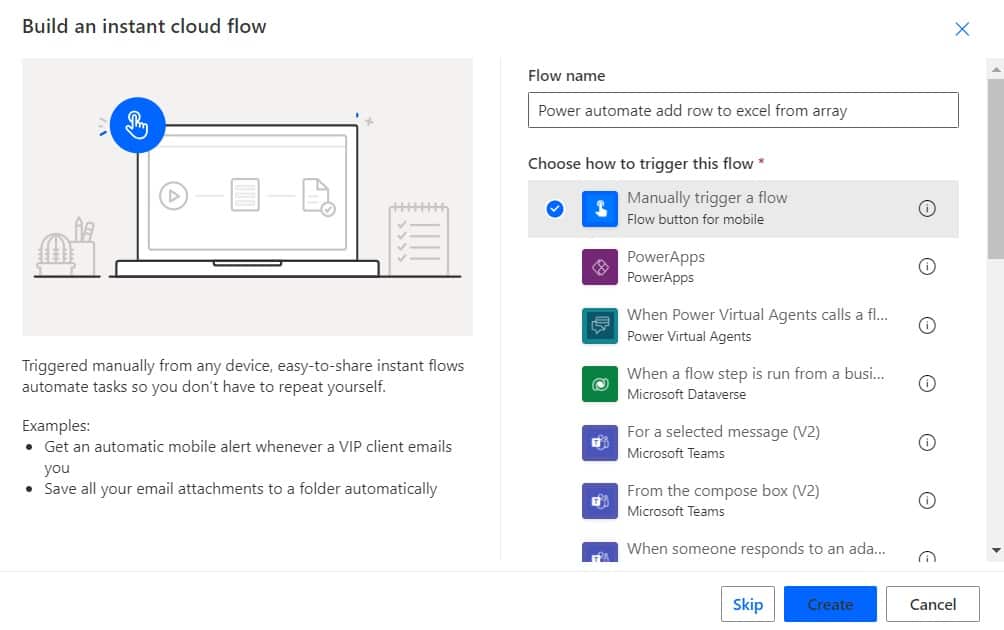 How to add row to excel from array Ms flow Add a row to Excel from an array power automate