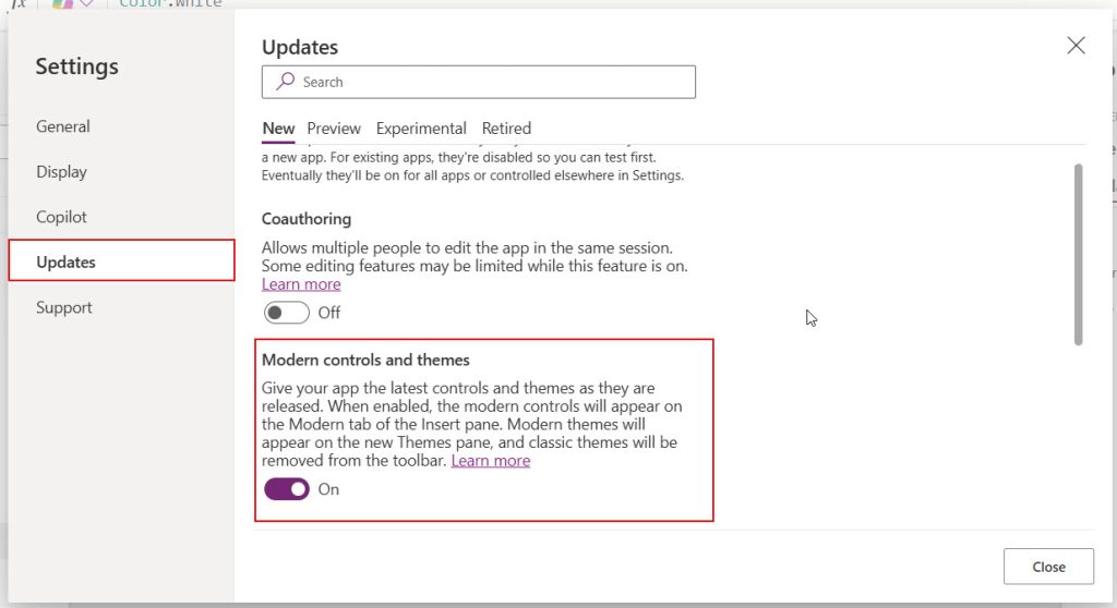 how to enable modern controls in powerapps
