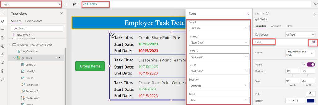 how to group collection items in power apps gallery