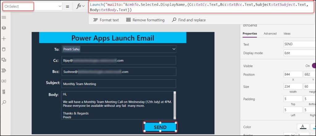 How to launch email in power apps