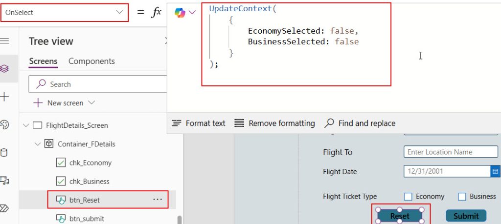 how to uncheck a checkbox when another is checked in power apps