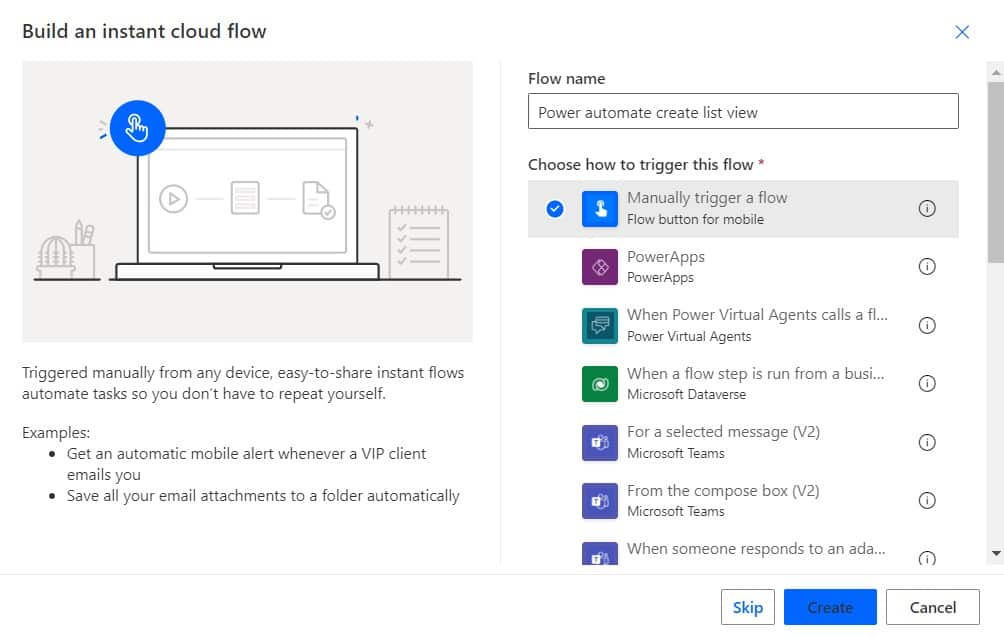 MS Power automate create list view