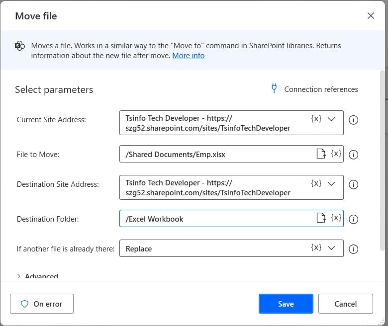 Move files in SharePoint using Power Automate Desktop