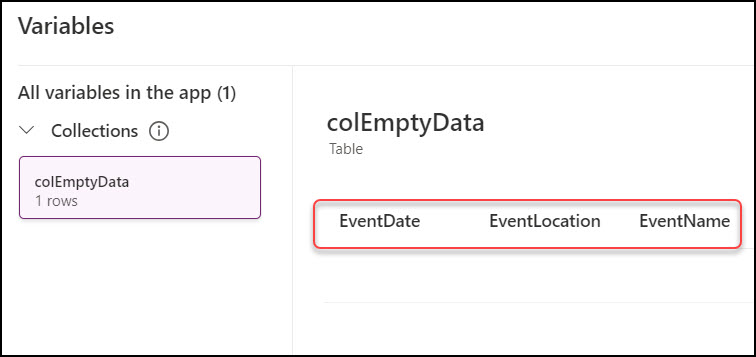 Power Apps create blank collection with columns
