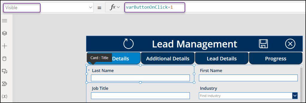 Power Apps set datacard visible property Create multiple tabs in power apps