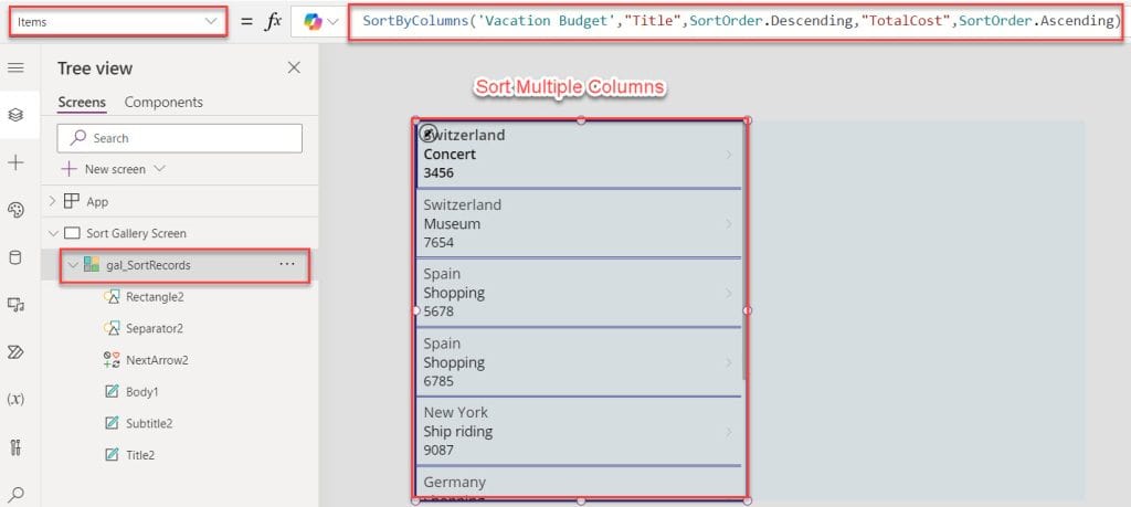 power apps sort gallery by multiple columns