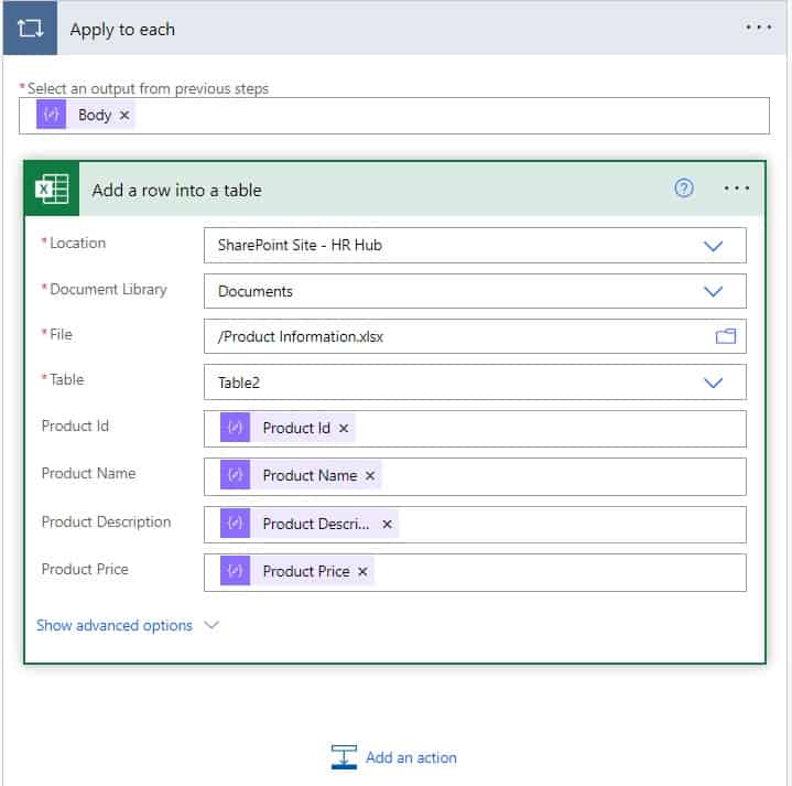 Power automate add row to excel from array Power automate Add a row to Excel from an array