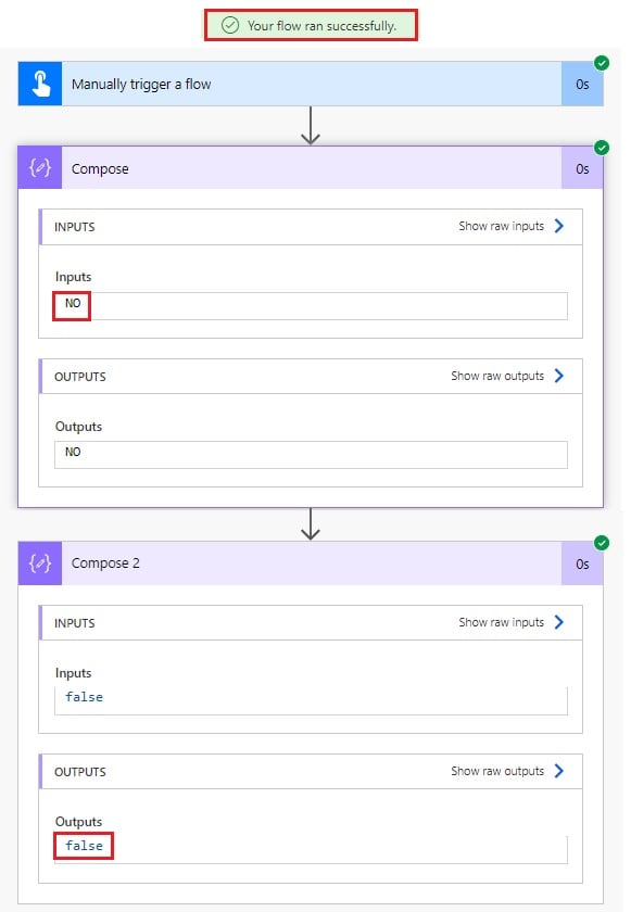 power automate change no to false