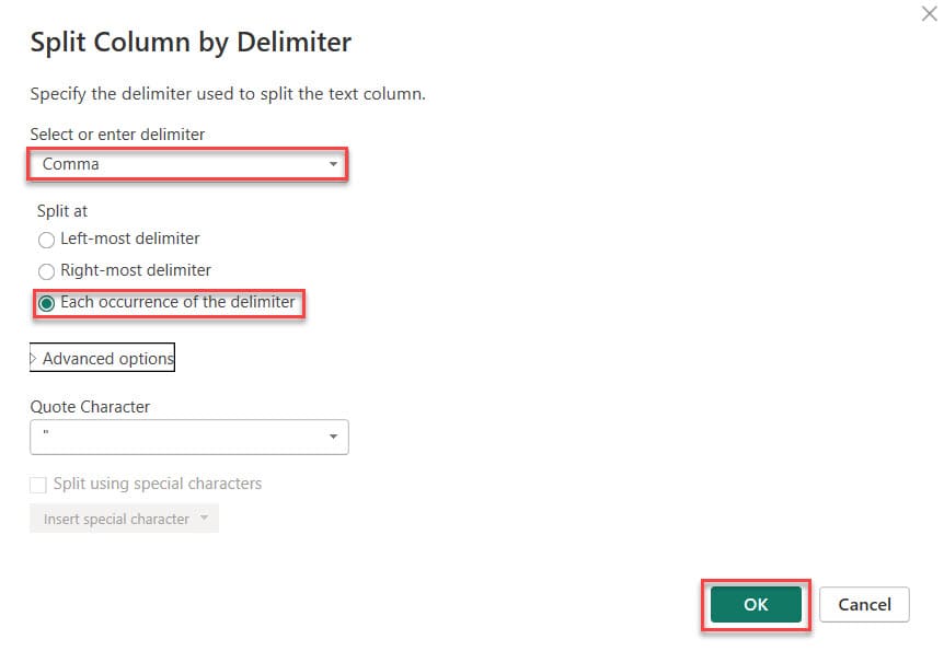 Power BI split columns by multiple delimiters