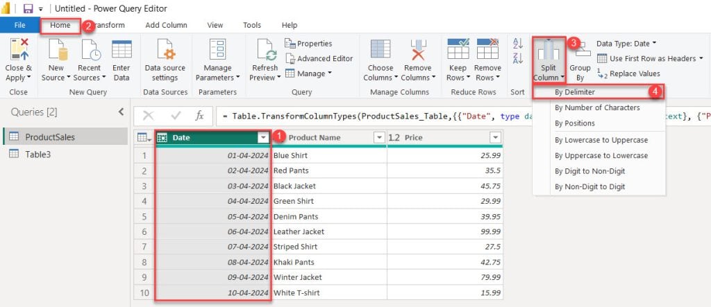power query split date and time
