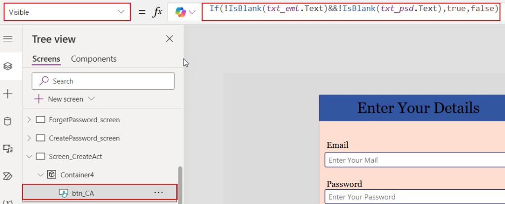 powerapps hide button if field is blank