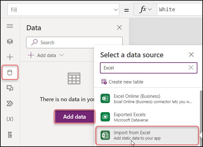 powerapps import data from excel