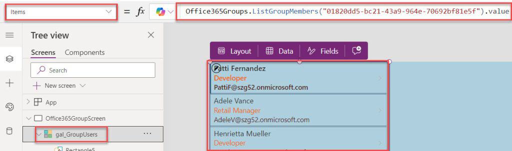 powerapps list group members powerapps list group members