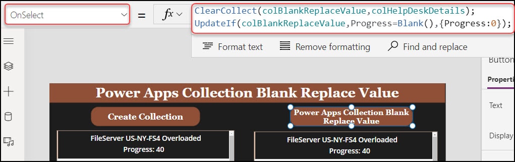 replace value in power apps collection blank