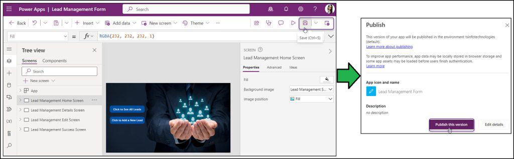 Save and Publish Power Apps Canvas App create tabs in power apps