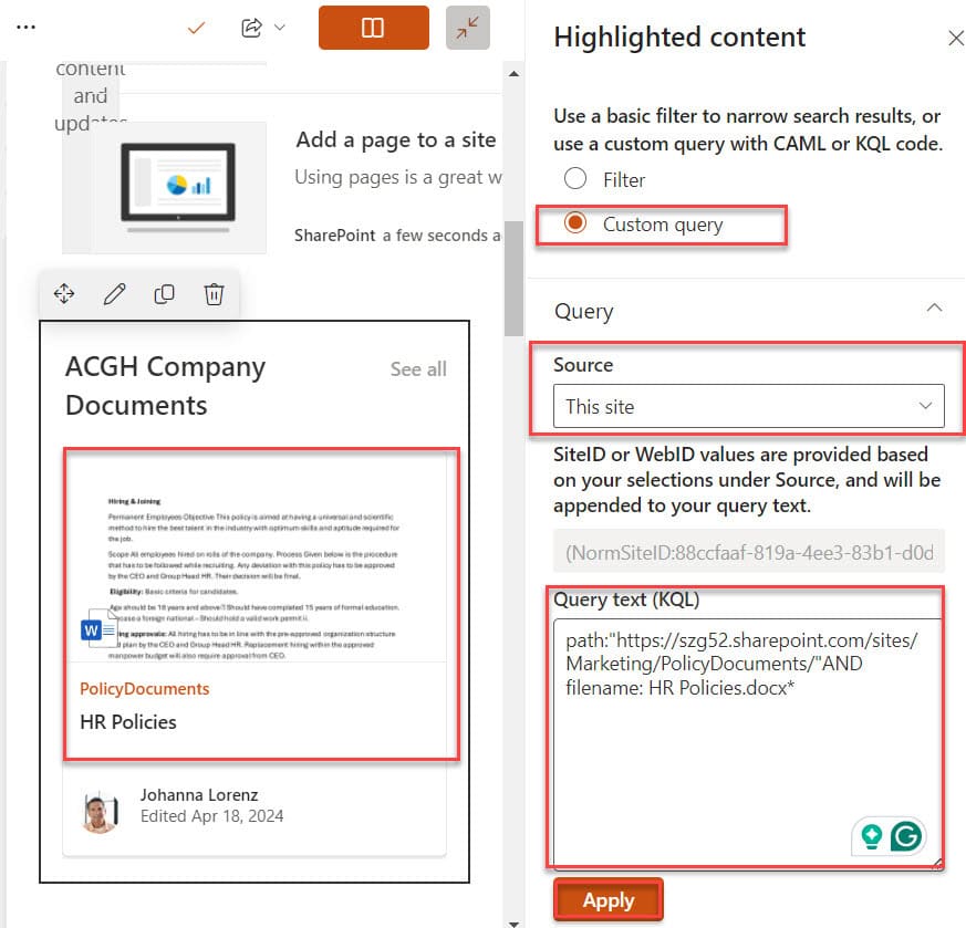 SharePoint Online Highlighted Content KQL Query SharePoint Online Highlighted Content KQL Query