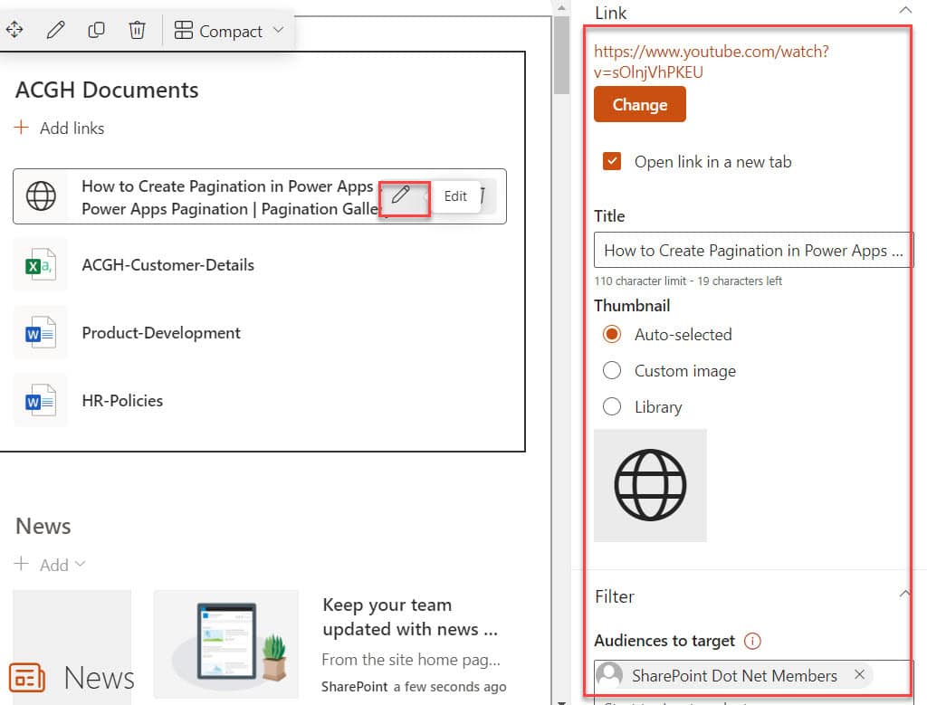 sharepoint quick links open in new tab