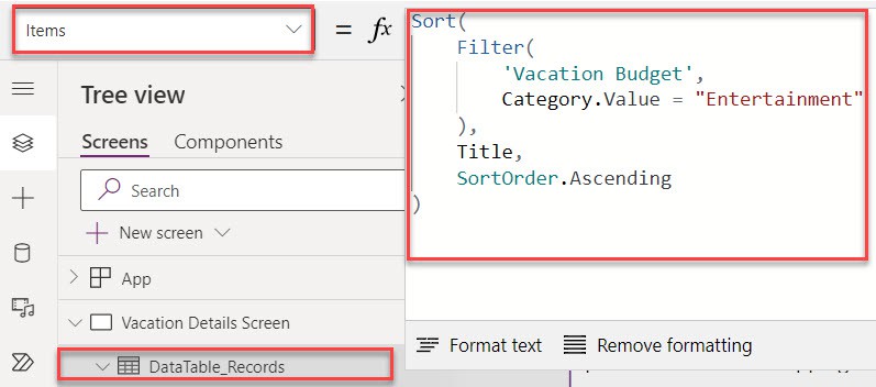 Sort and filter the Power Apps data table
