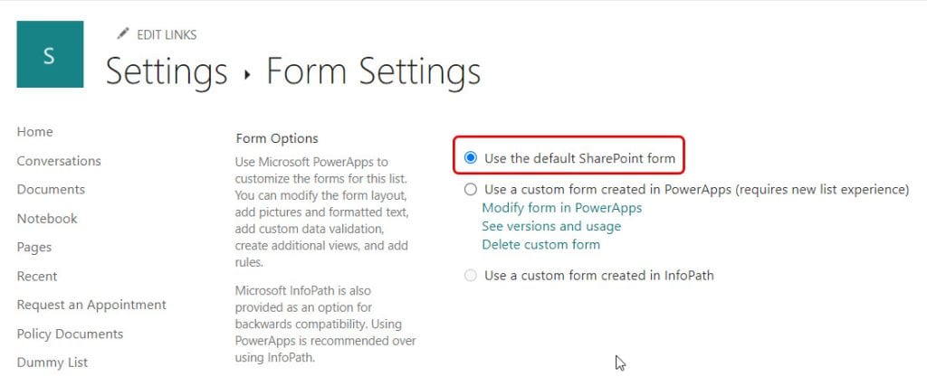 Switch to the default SharePoint list form experience Switch to the default SharePoint list form experience