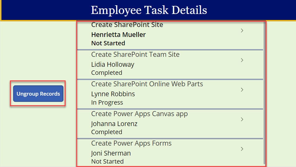 ungroup collection items in power apps gallery