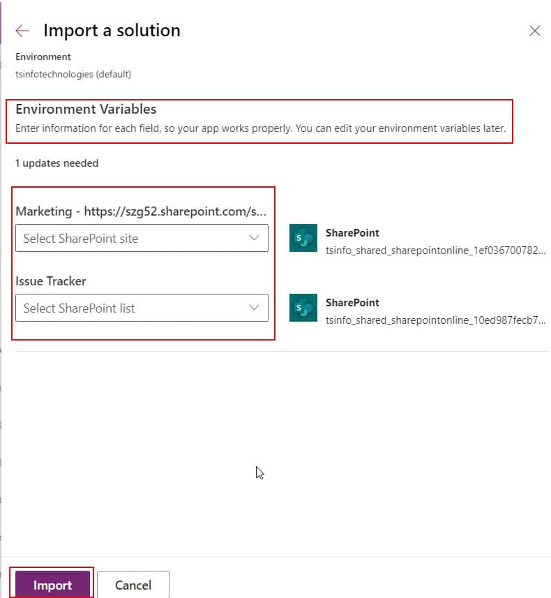 update environment variables during import in power apps canvas app