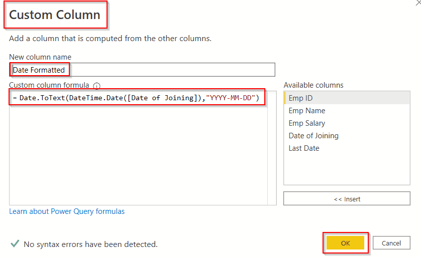 add column and change date format using power query editor