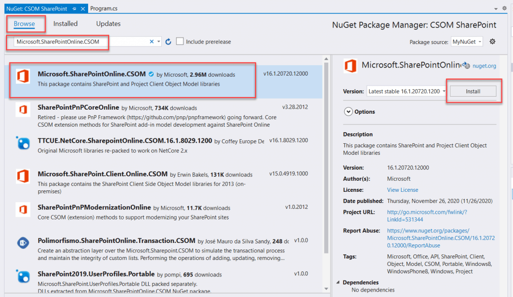 add csom sharepoint client dll from nuget csom sharepoint online