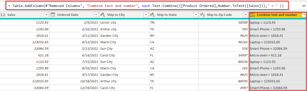 Example of Power BI custom column combines concatenate text and Number Example of Power BI custom column combines concatenate text and Number