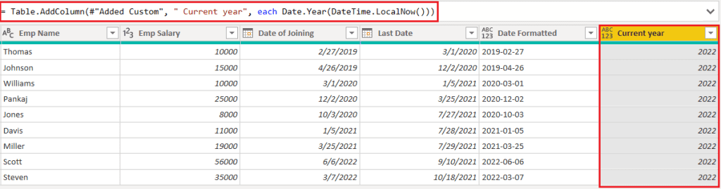 Example of Power query add a column with the current year