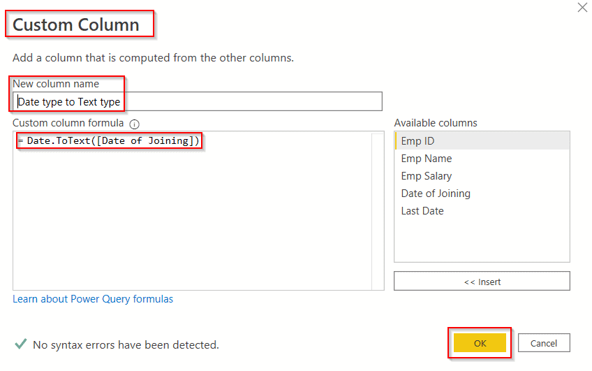 Example of Power query add column date to text