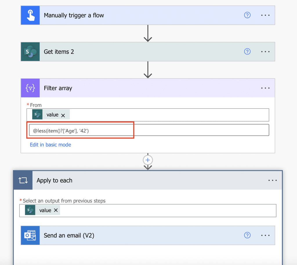 Power Automate filter array less than