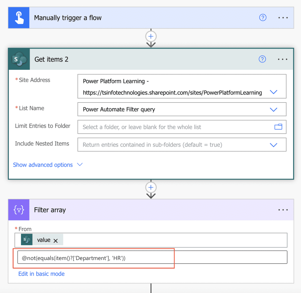 Power automate filter array not equal to