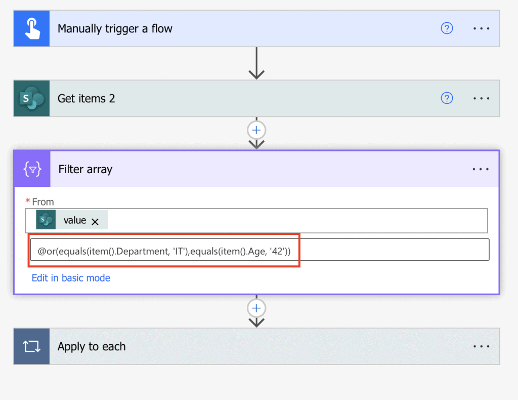 Power Automate filter array OR