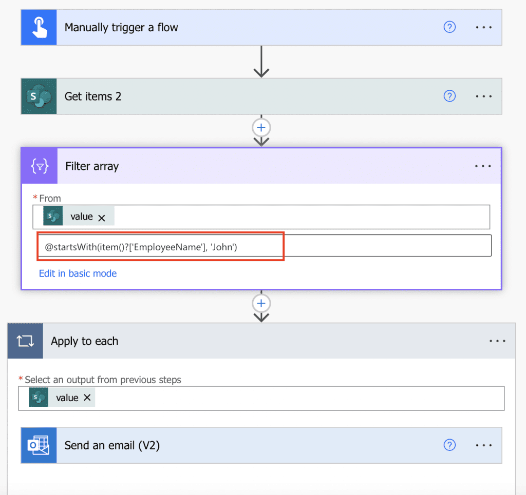 Power automate filter array starts with