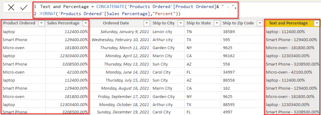 Power BI concatenates text and percentage Power BI concatenates text and percentage