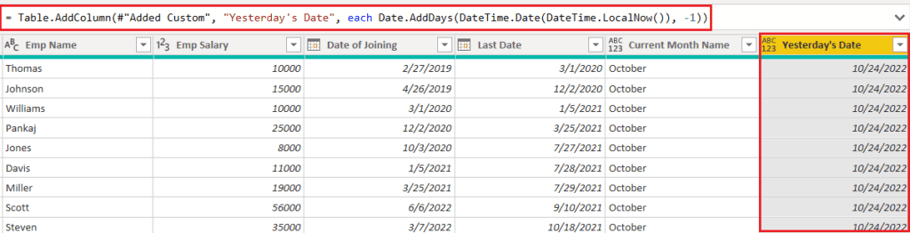 Power query add a column with yesterday's date example