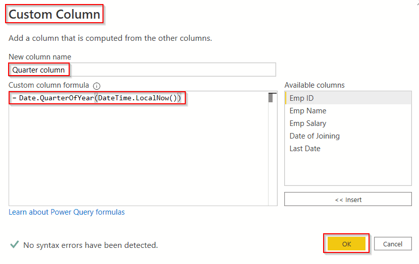 Power query add a Quarter column
