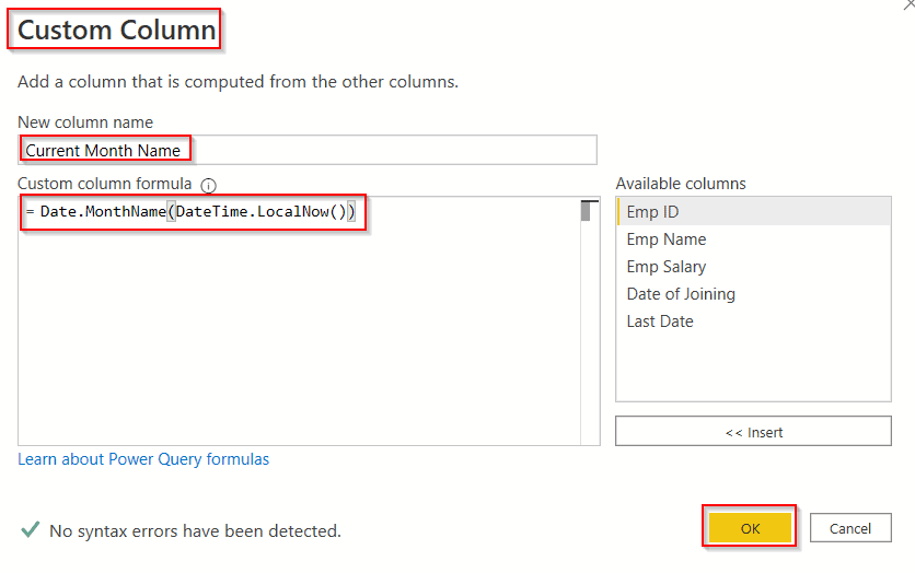 Power query add column month