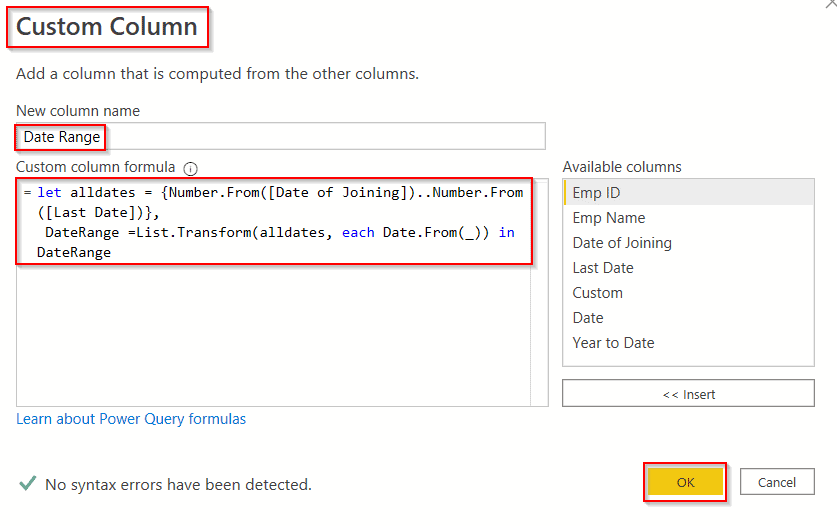 Power query add the column date range