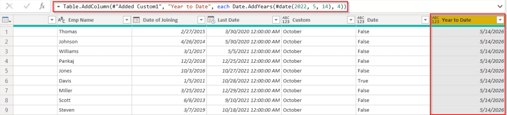 Power query add the year to date column example