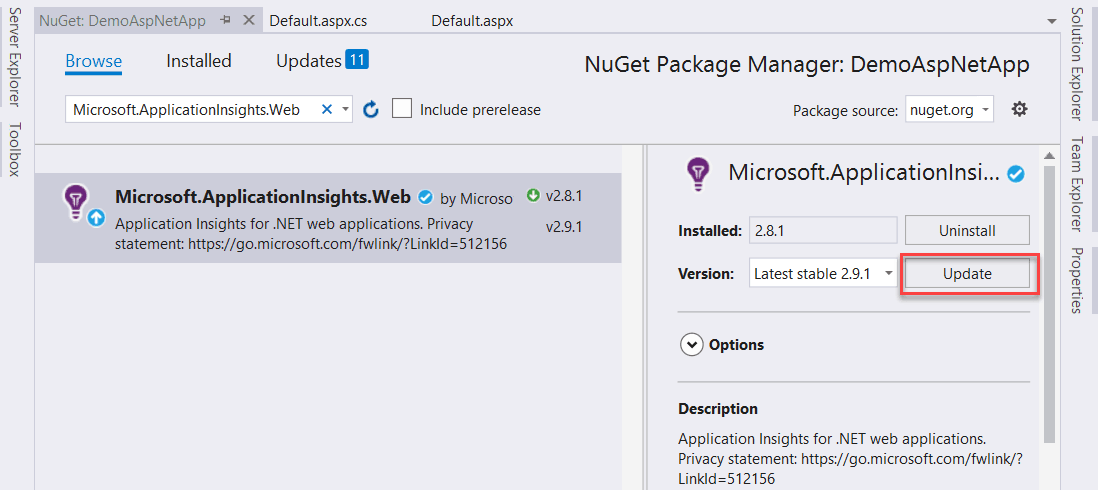 update Microsoft ApplicationInsights Web Could not load file or assembly ‘Microsoft.AI.Web’ or one of its dependencies